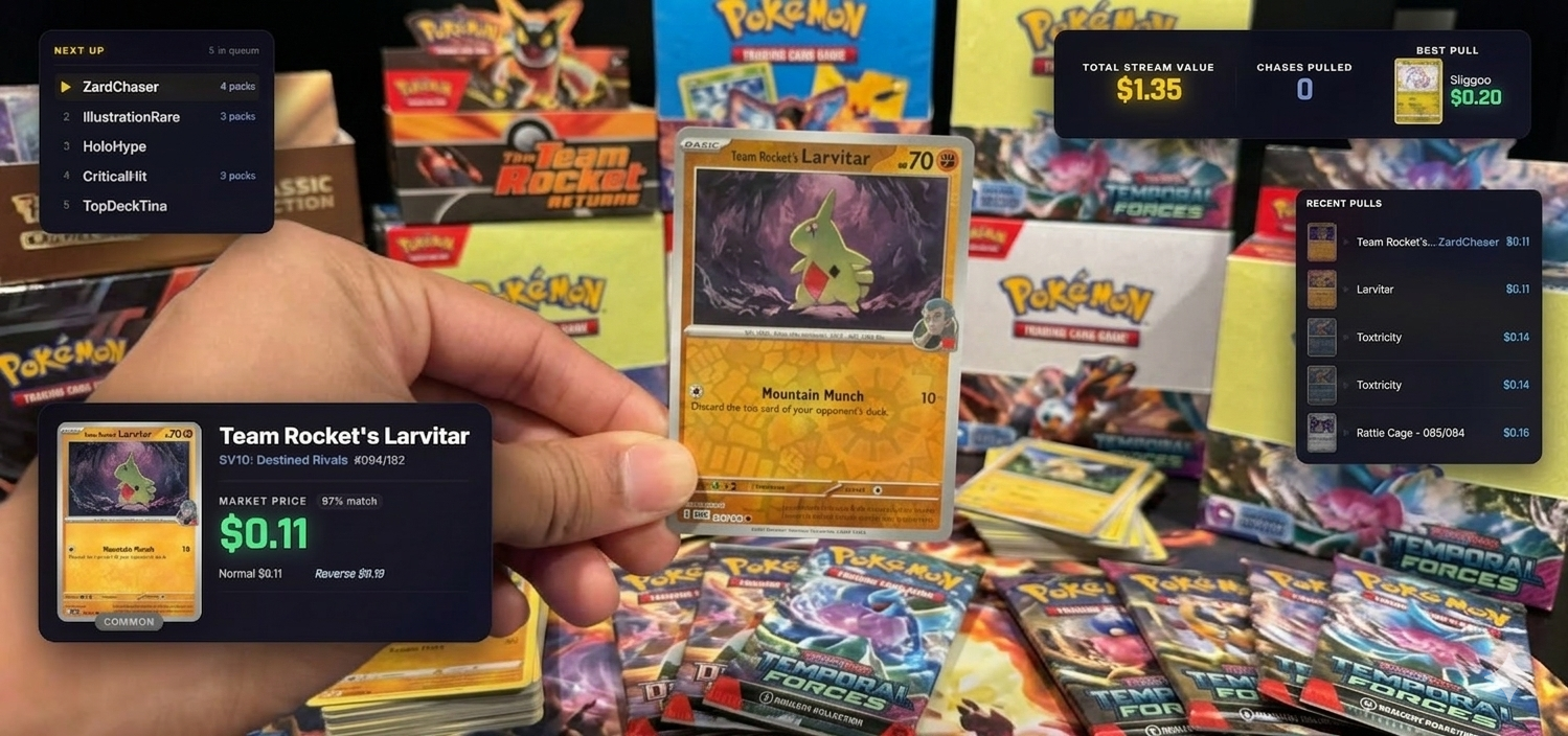 HitScanTCG live overlay demo showing card identification, pricing, and stream stats